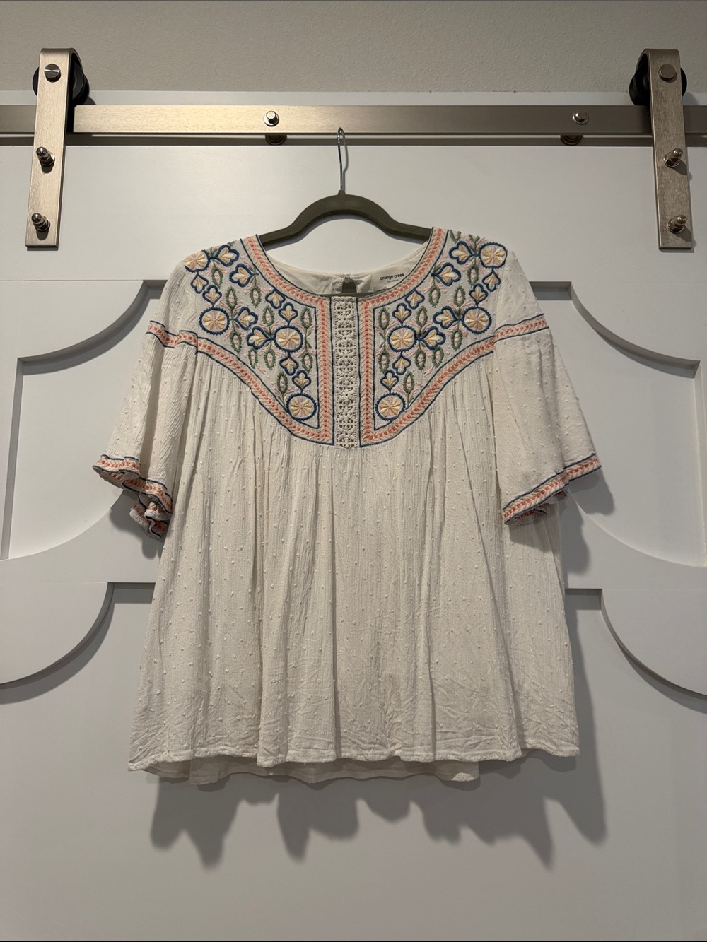 orange creek Ivory Embroidered Peasant Blouse with Blue & Peach Accents